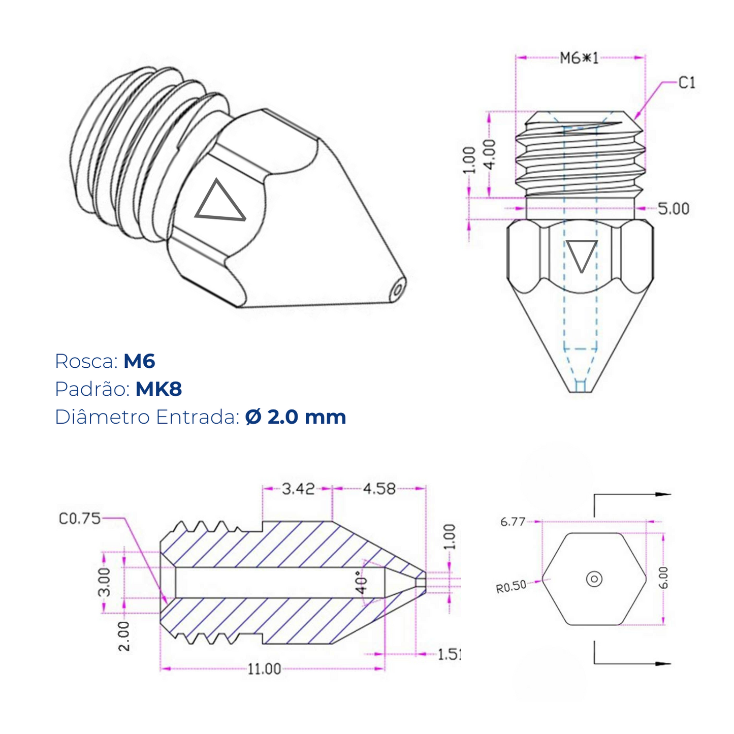 BICO MK8 1.0 / 1.75 MM IMPRESSAO 3D UPPER NOZZLE